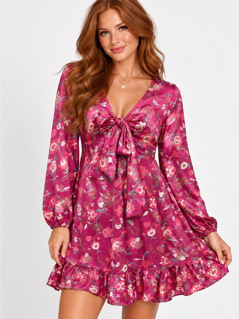 Melloday Fuchsia Silky Floral Tie-Neck Boho Elegant Dress Colorful